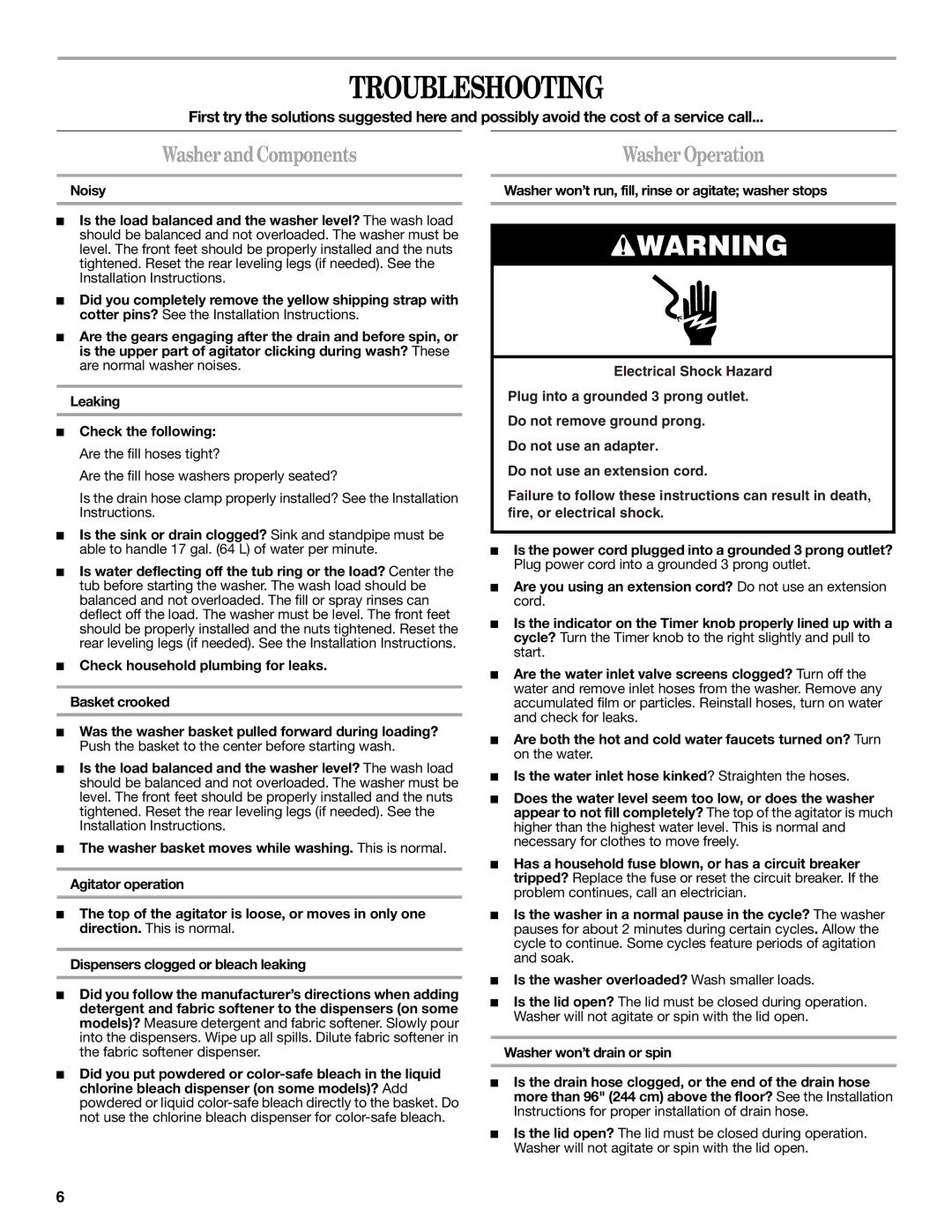 Whirlpool 3955887 warranty Troubleshooting, Washer and Components 