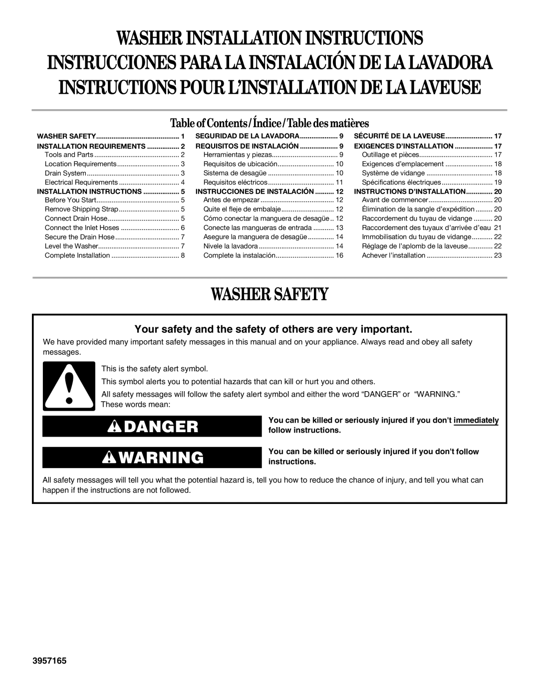 Whirlpool 3957165 installation instructions Washer Installation Instructions, Washer Safety 