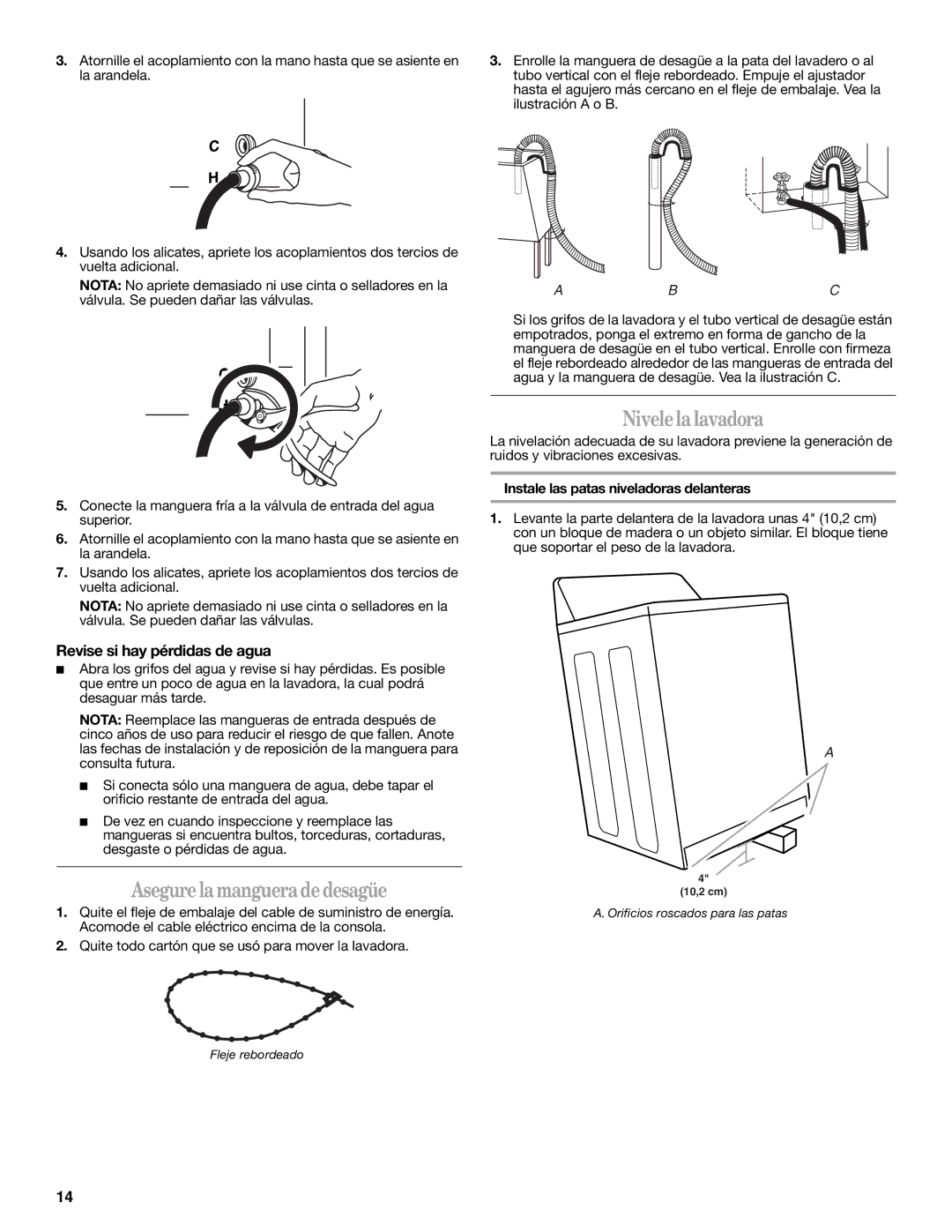 Whirlpool 3957165 installation instructions Asegurelamangueradedesagüe, Nivelelalavadora, Revise si hay pérdidas de agua 