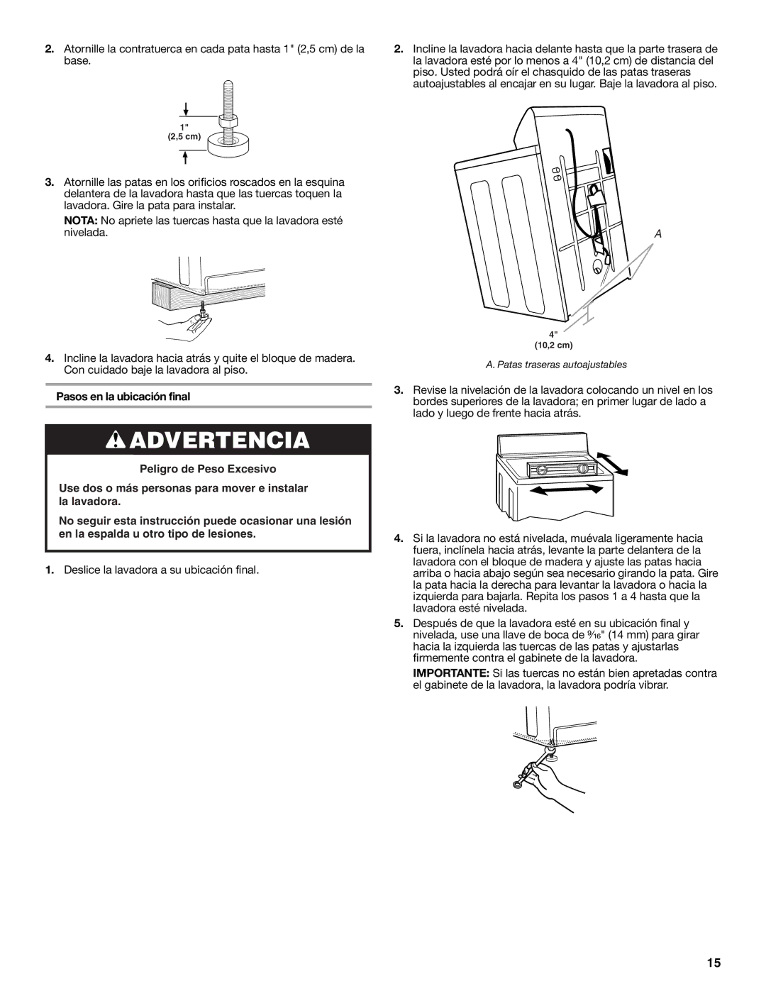 Whirlpool 3957165 installation instructions Pasos en la ubicación final, Deslice la lavadora a su ubicación final 