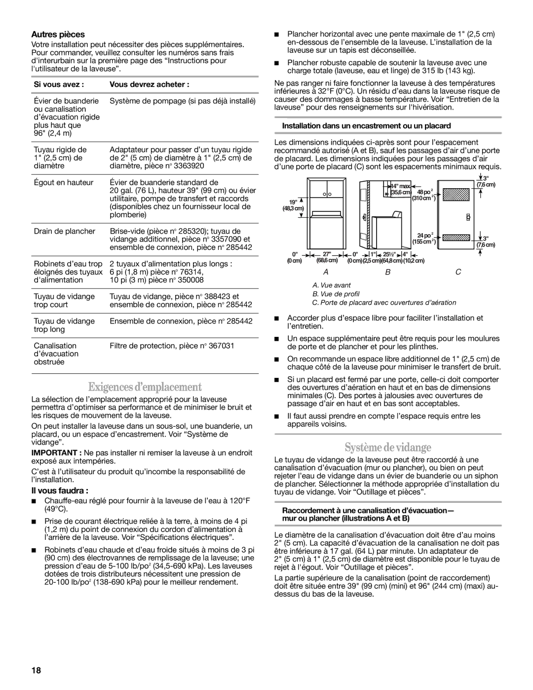 Whirlpool 3957165 installation instructions Exigences d’emplacement, Systèmedevidange, Autres pièces, Il vous faudra 