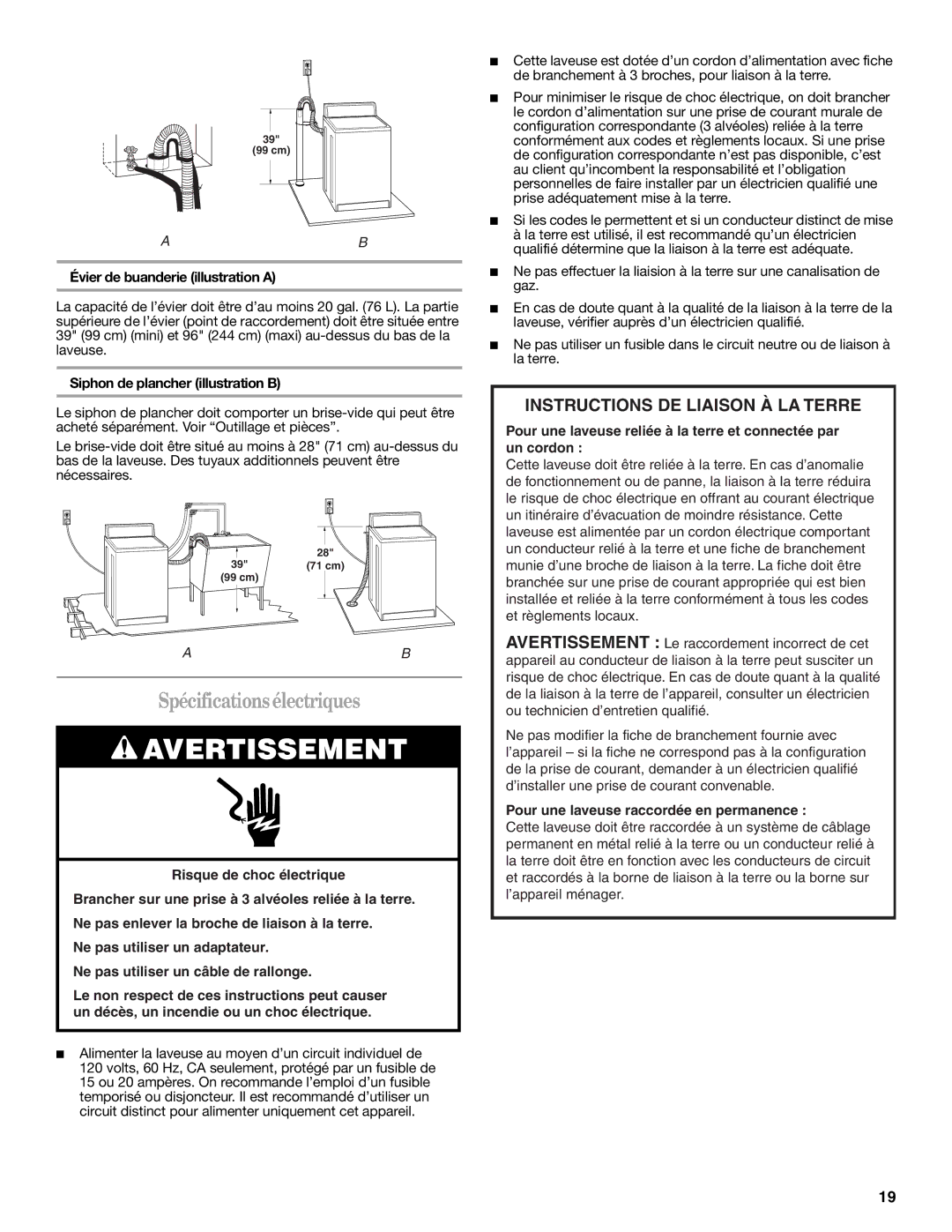 Whirlpool 3957165 Spécificationsélectriques, Évier de buanderie illustration a, Siphon de plancher illustration B 