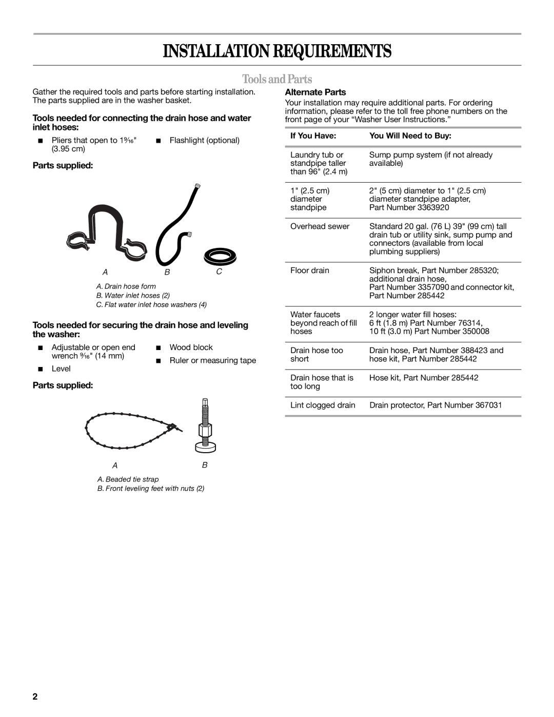 Whirlpool 3957165 installation instructions Installation Requirements, Tools andParts, Parts supplied, Alternate Parts 