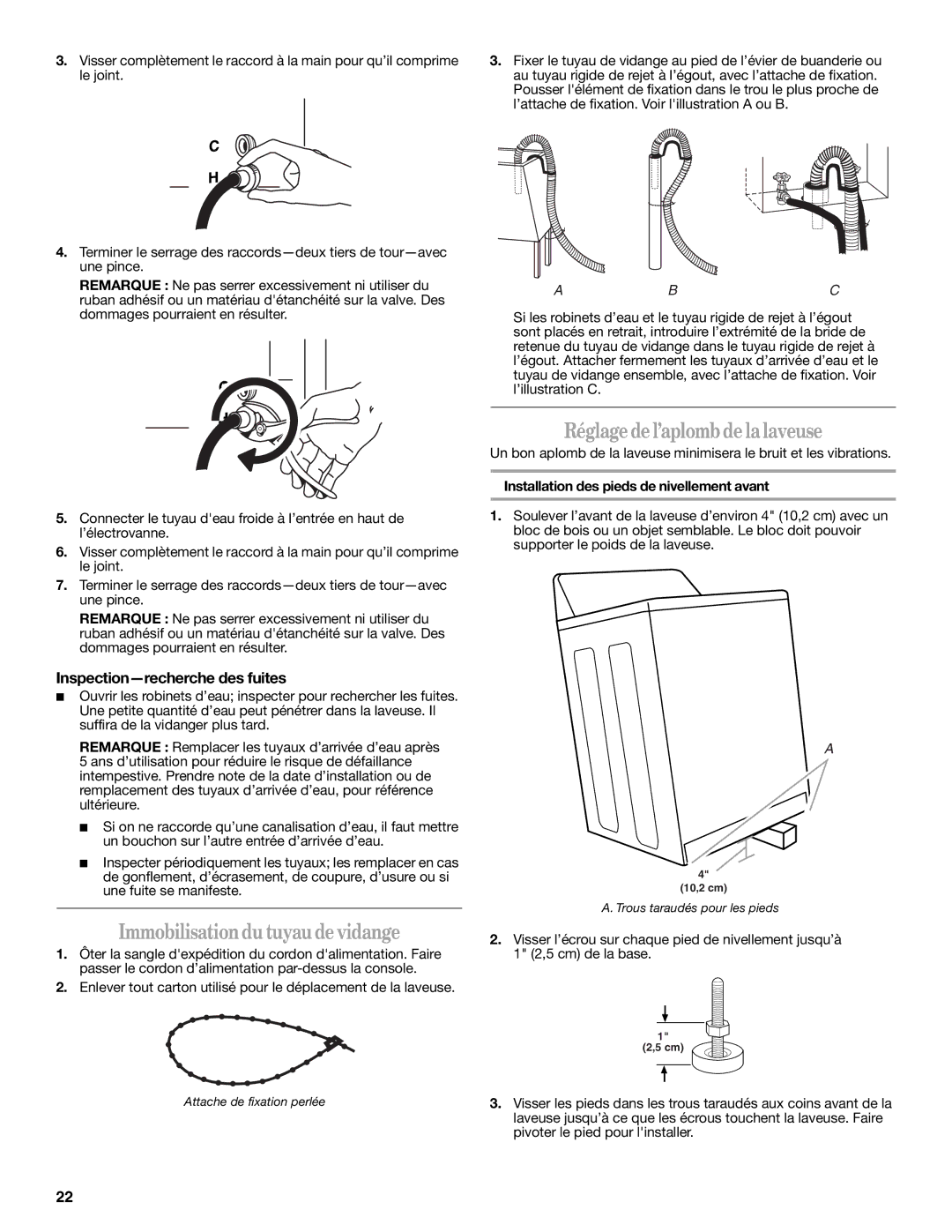 Whirlpool 3957165 Immobilisationdu tuyau devidange, Réglagedel’aplombdelalaveuse, Inspection-recherche des fuites 