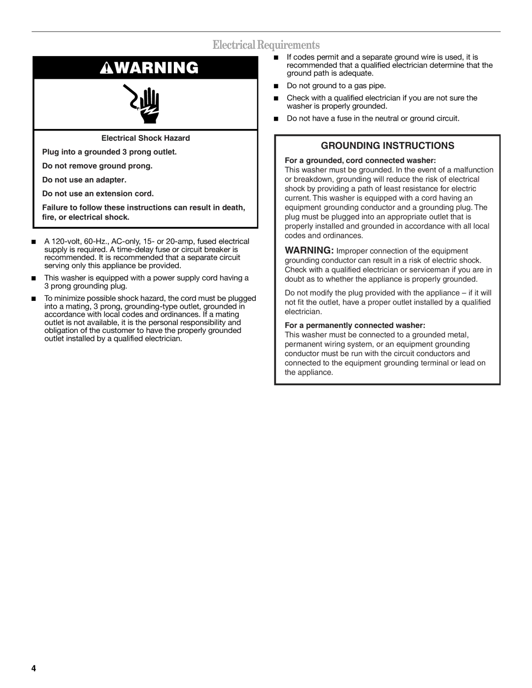 Whirlpool 3957165 installation instructions ElectricalRequirements, Grounding Instructions 