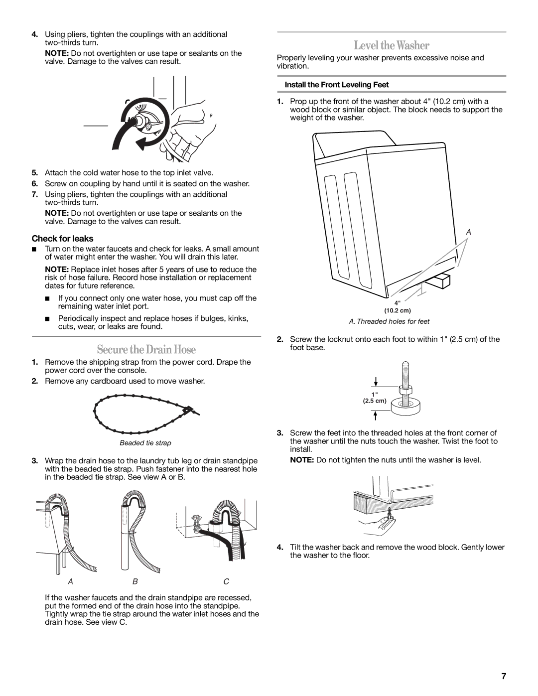 Whirlpool 3957165 SecuretheDrain Hose, Level theWasher, Check for leaks, Install the Front Leveling Feet 