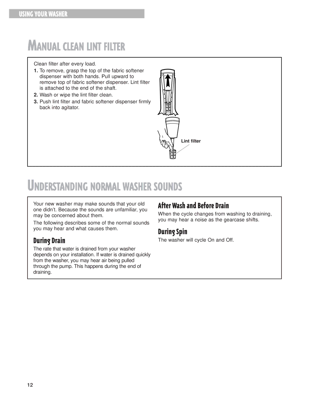 Whirlpool 3967363 warranty Manual Clean Lint Filter, After Wash and Before Drain, During Spin, During Drain 