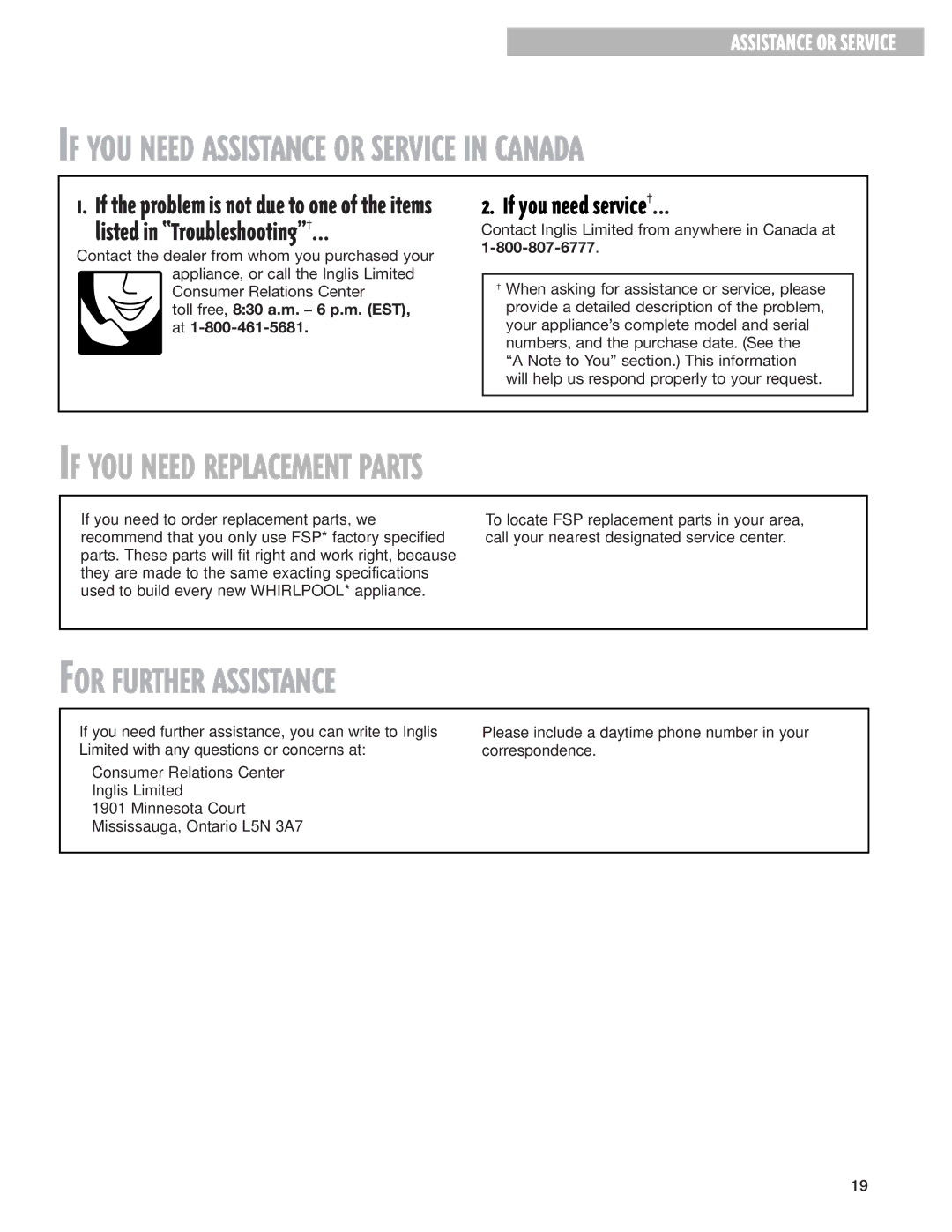 Whirlpool 3967363 warranty If YOU Need Replacement Parts, For Further Assistance, If you need service† 