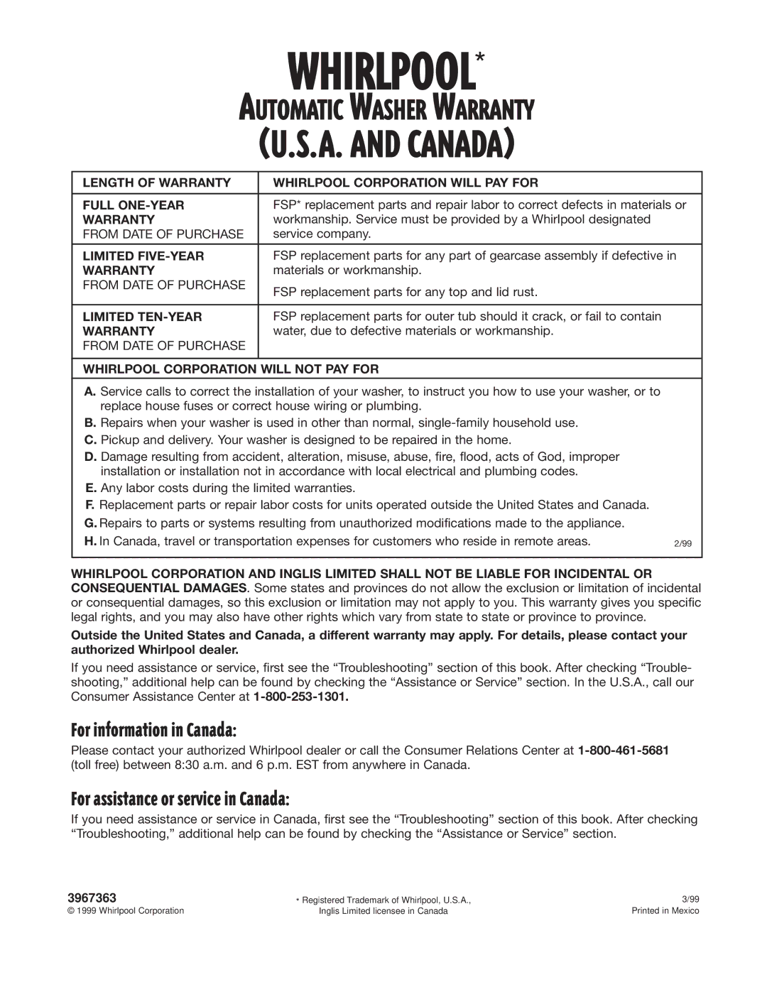 Whirlpool 3967363 warranty For information in Canada, For assistance or service in Canada 