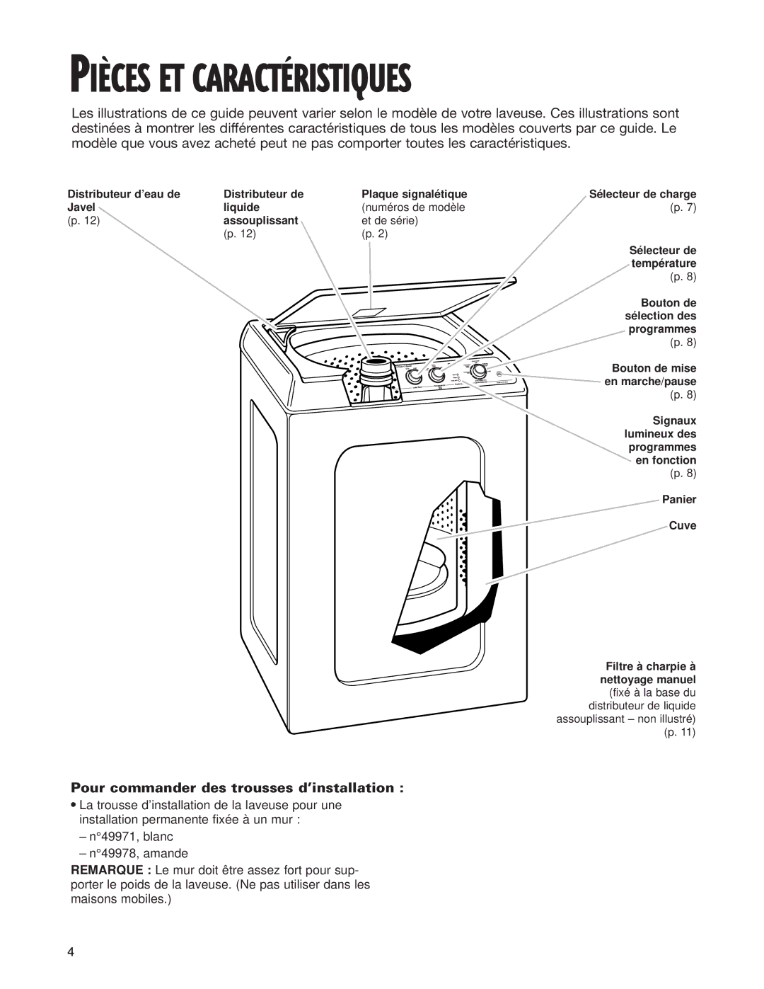 Whirlpool 3967363 warranty PIéCES ET CARACTƒRISTIQUES 