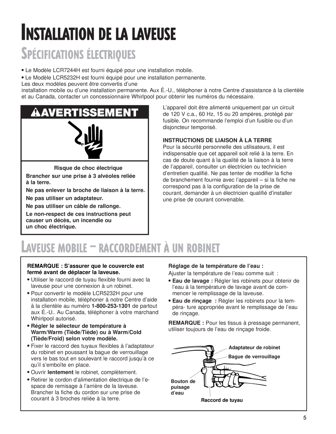 Whirlpool 3967363 warranty Installation DE LA Laveuse, Réglage de la température de l’eau 