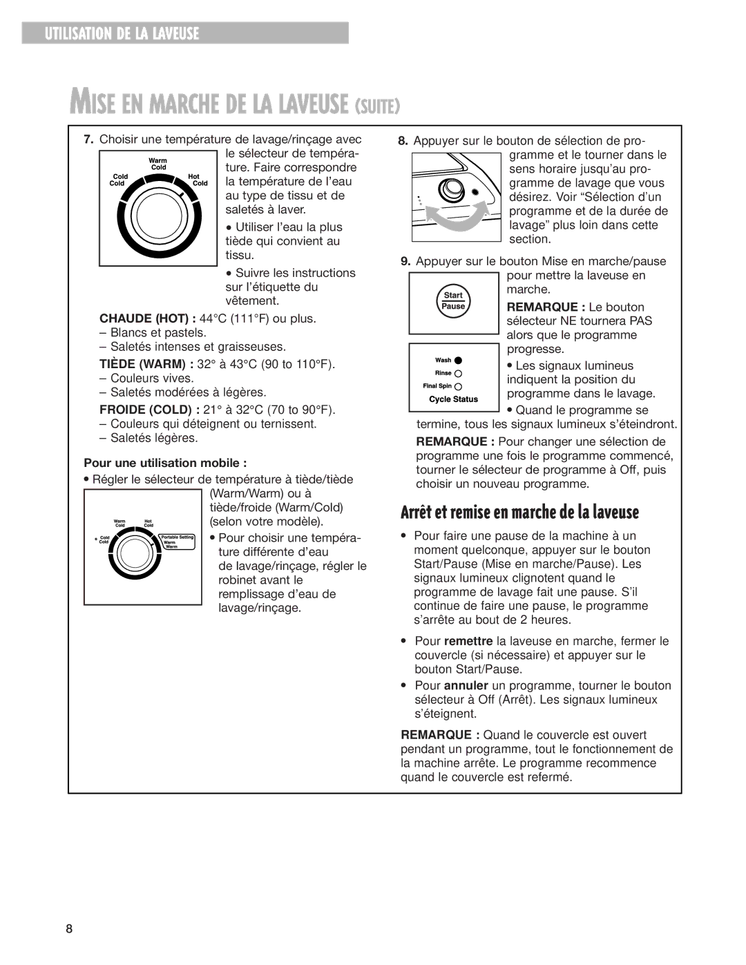 Whirlpool 3967363 warranty Mise EN Marche DE LA Laveuse Suite, Pour une utilisation mobile, Les signaux lumineus 