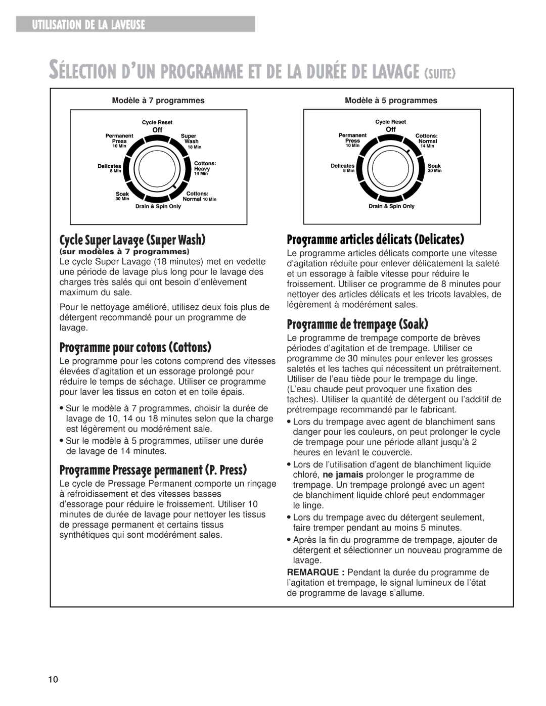 Whirlpool 3967363 warranty Programme de trempage Soak, SƒLECTION Dõun Programme ET DE LA DURƒE DE Lavage Suite 