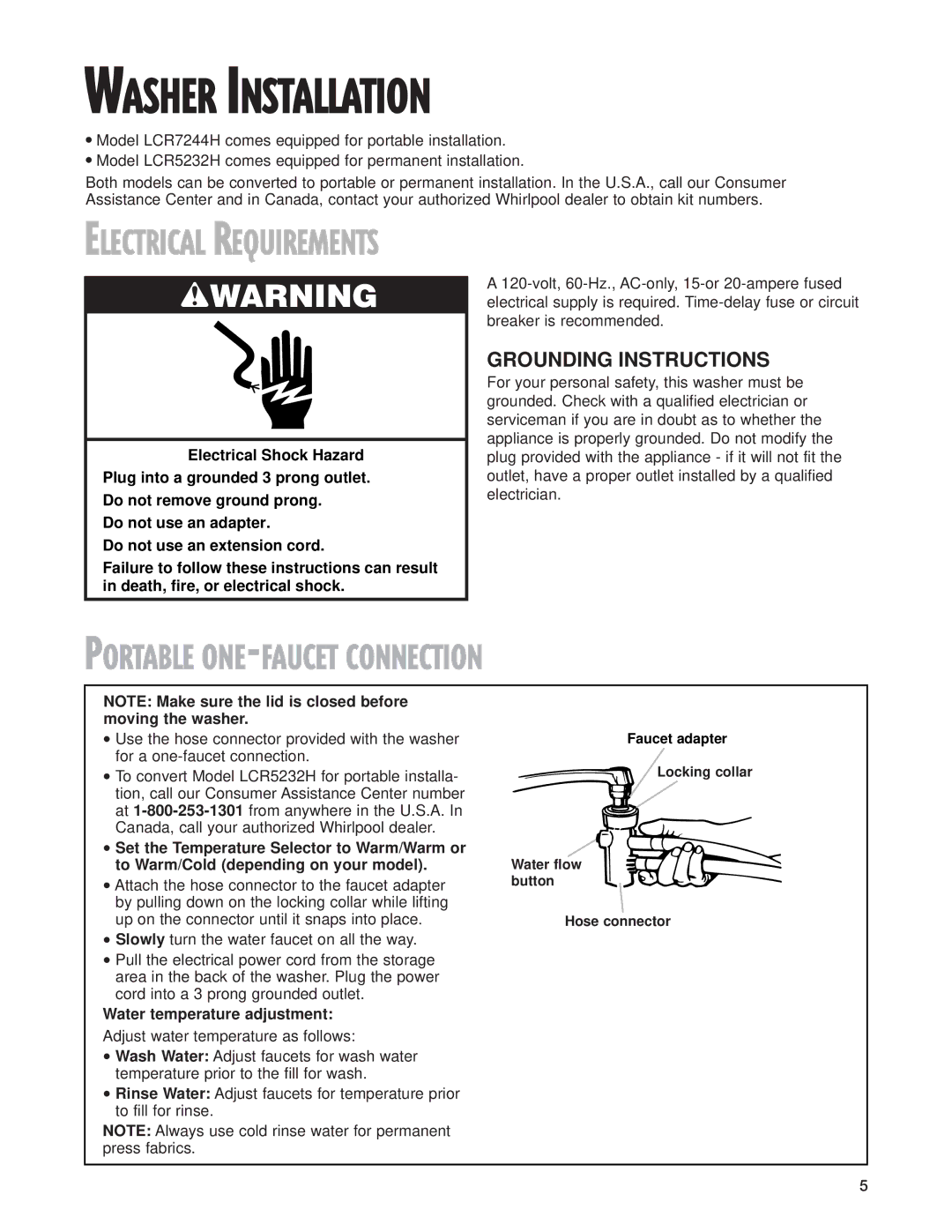 Whirlpool 3967363 warranty Washer Installation, Portable ONE-FAUCET Connection, Water temperature adjustment 