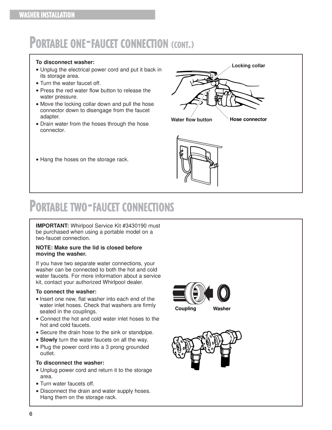 Whirlpool 3967363 Portable TWO-FAUCET Connections, To disconnect washer, To connect the washer, To disconnect the washer 