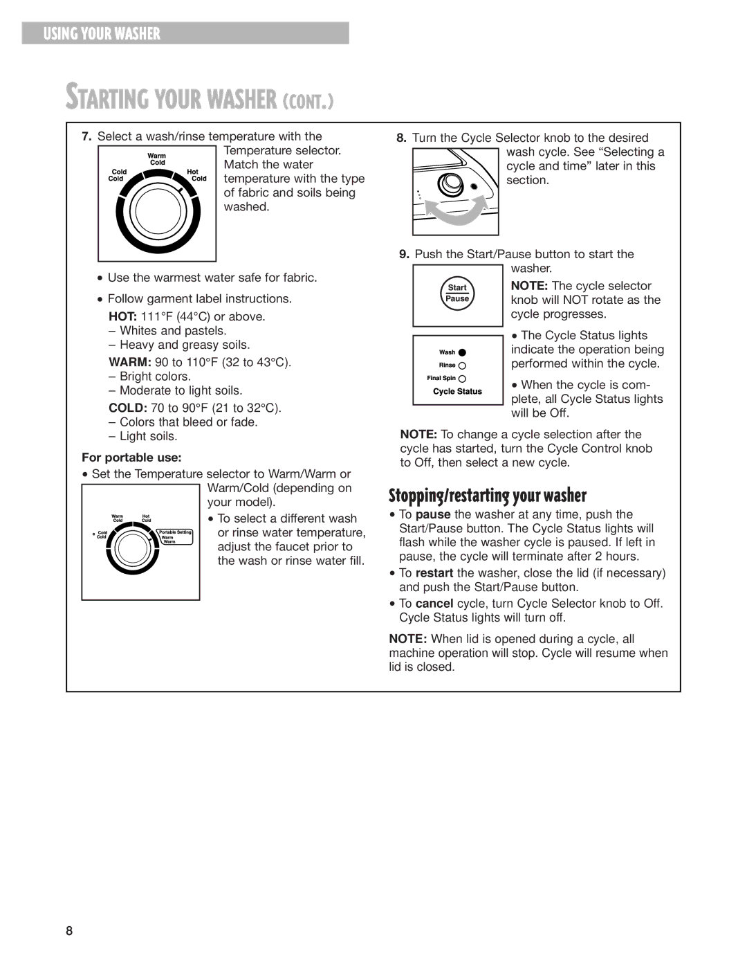 Whirlpool 3967363 warranty Stopping/restarting your washer, For portable use 