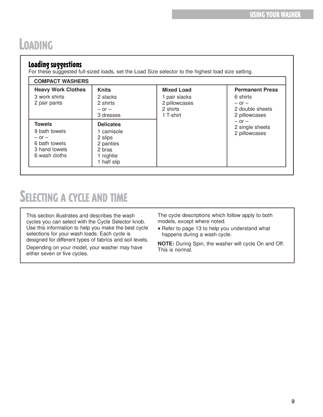 Whirlpool 3967363 Selecting a Cycle and Time, Loading suggestions, Heavy Work Clothes Knits Mixed Load Permanent Press 