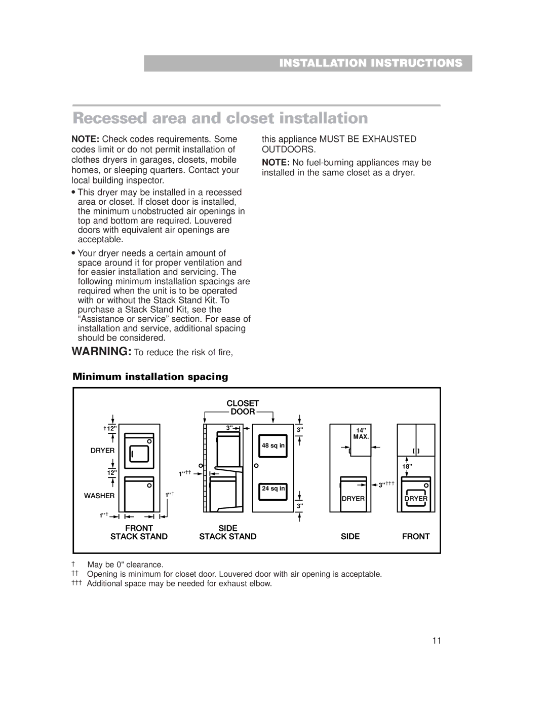 Whirlpool 3977631 installation instructions Recessed area and closet installation, Minimum installation spacing 