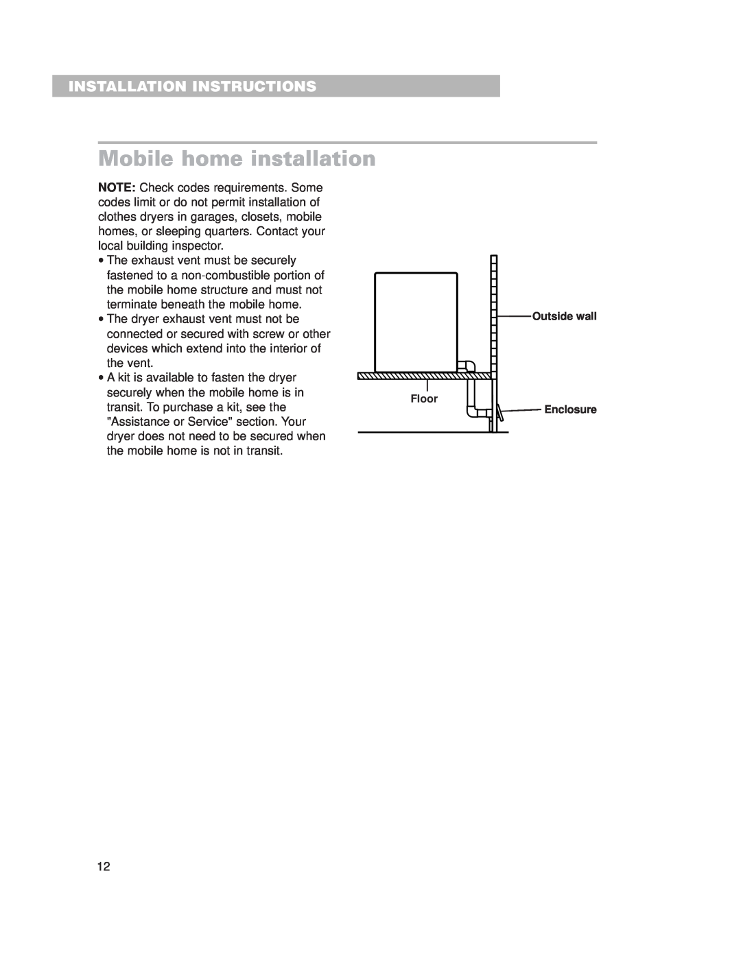 Whirlpool 3977631 Mobile home installation, Installation Instructions, Floor, Outside wall Enclosure 