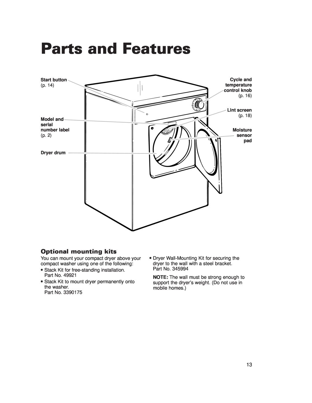Whirlpool 3977631 installation instructions Parts and Features, Optional mounting kits 