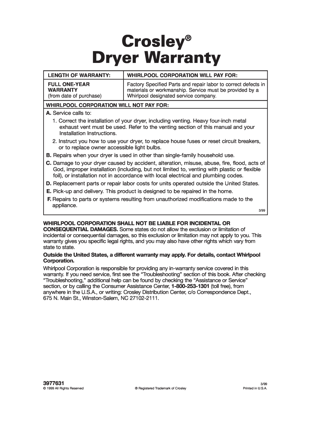 Whirlpool 3977631 Crosley Dryer Warranty, Length Of Warranty, Whirlpool Corporation Will Pay For, Full One-Year 