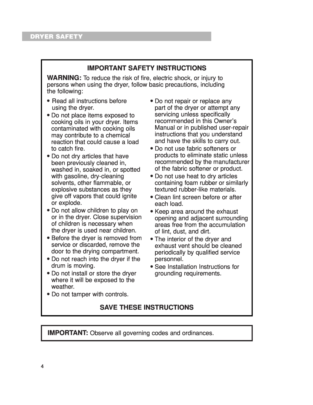 Whirlpool 3977631 installation instructions Important Safety Instructions, Save These Instructions, Dryer Safety 