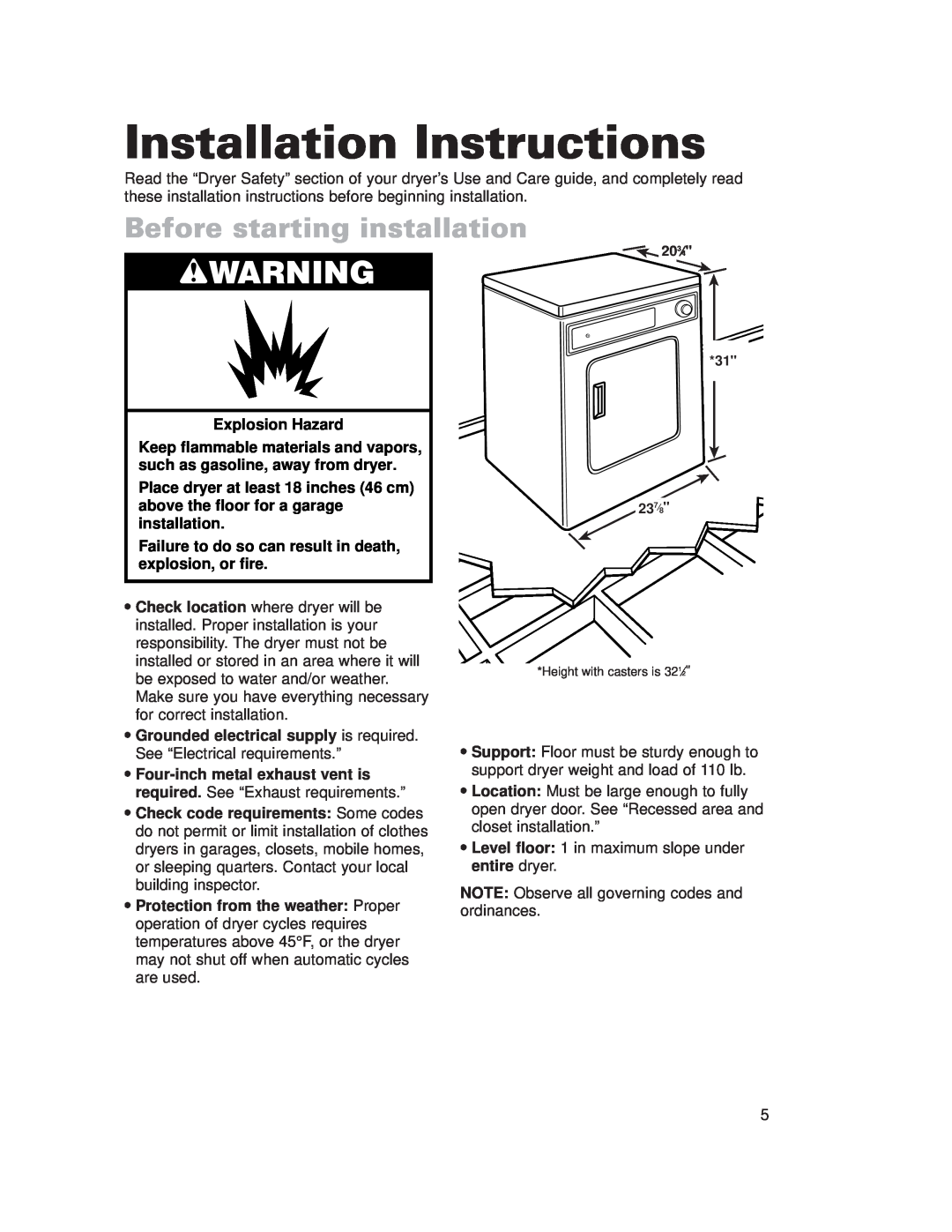 Whirlpool 3977631 Installation Instructions, wWARNING, Before starting installation, Explosion Hazard 