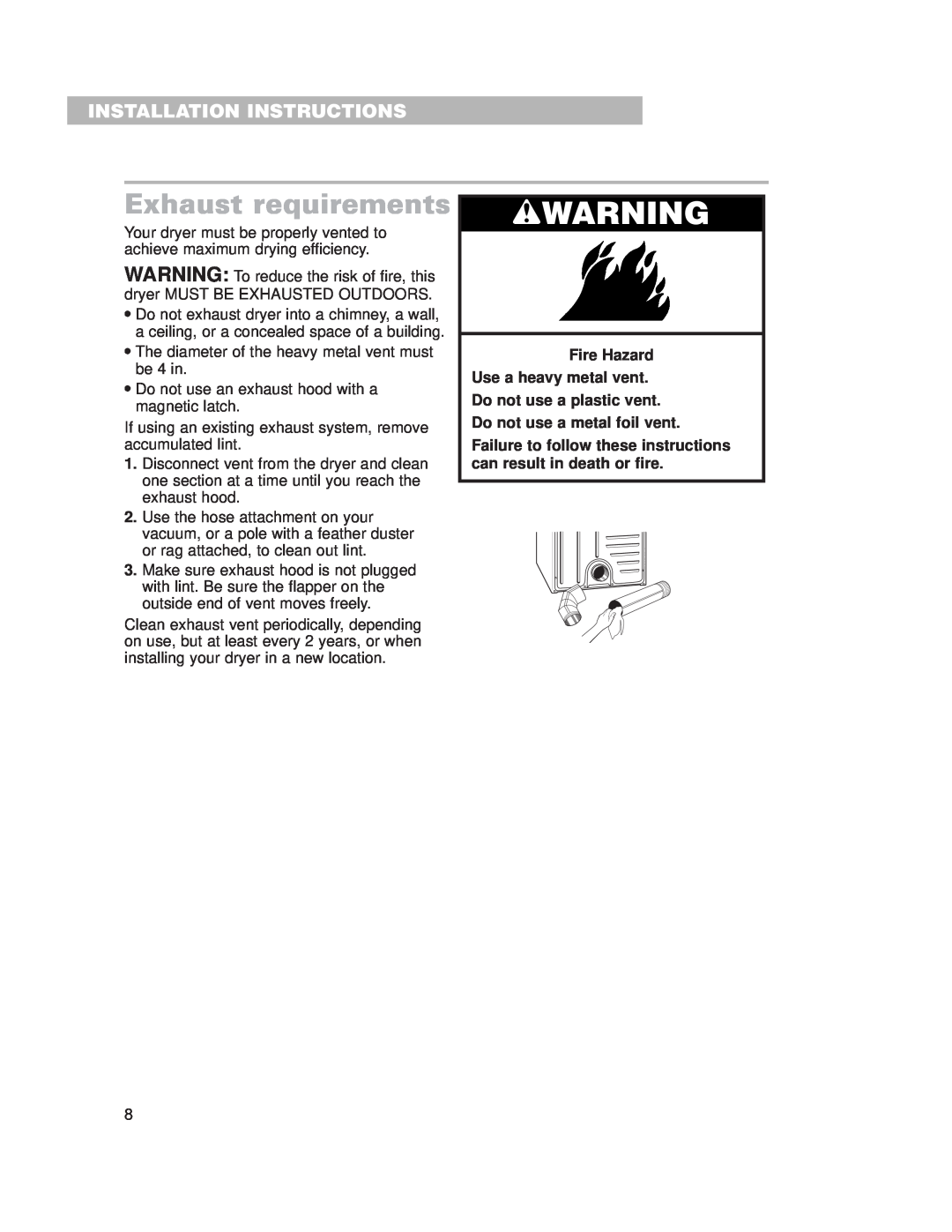 Whirlpool 3977631 Exhaust requirements, wWARNING, Installation Instructions, Do not use a metal foil vent 