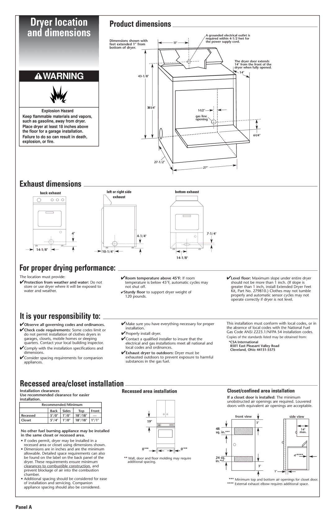 Whirlpool 3978909 Dryer location Dimensions, Product dimensions, Exhaust dimensions, Recessed area/closet installation 