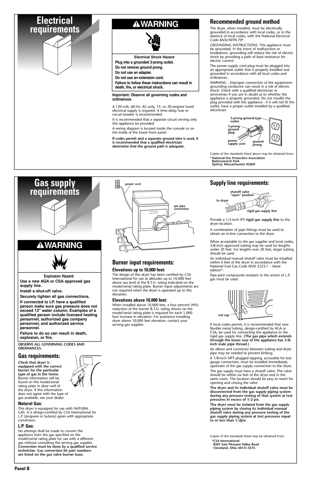 Whirlpool 3978909 installation instructions Electrical Requirements, Gas supply Requirements 