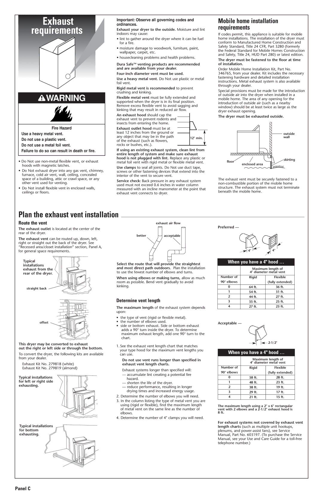 Whirlpool 3978909 Exhaust Requirements, Plan the exhaust vent installation, Mobile home installation requirements 