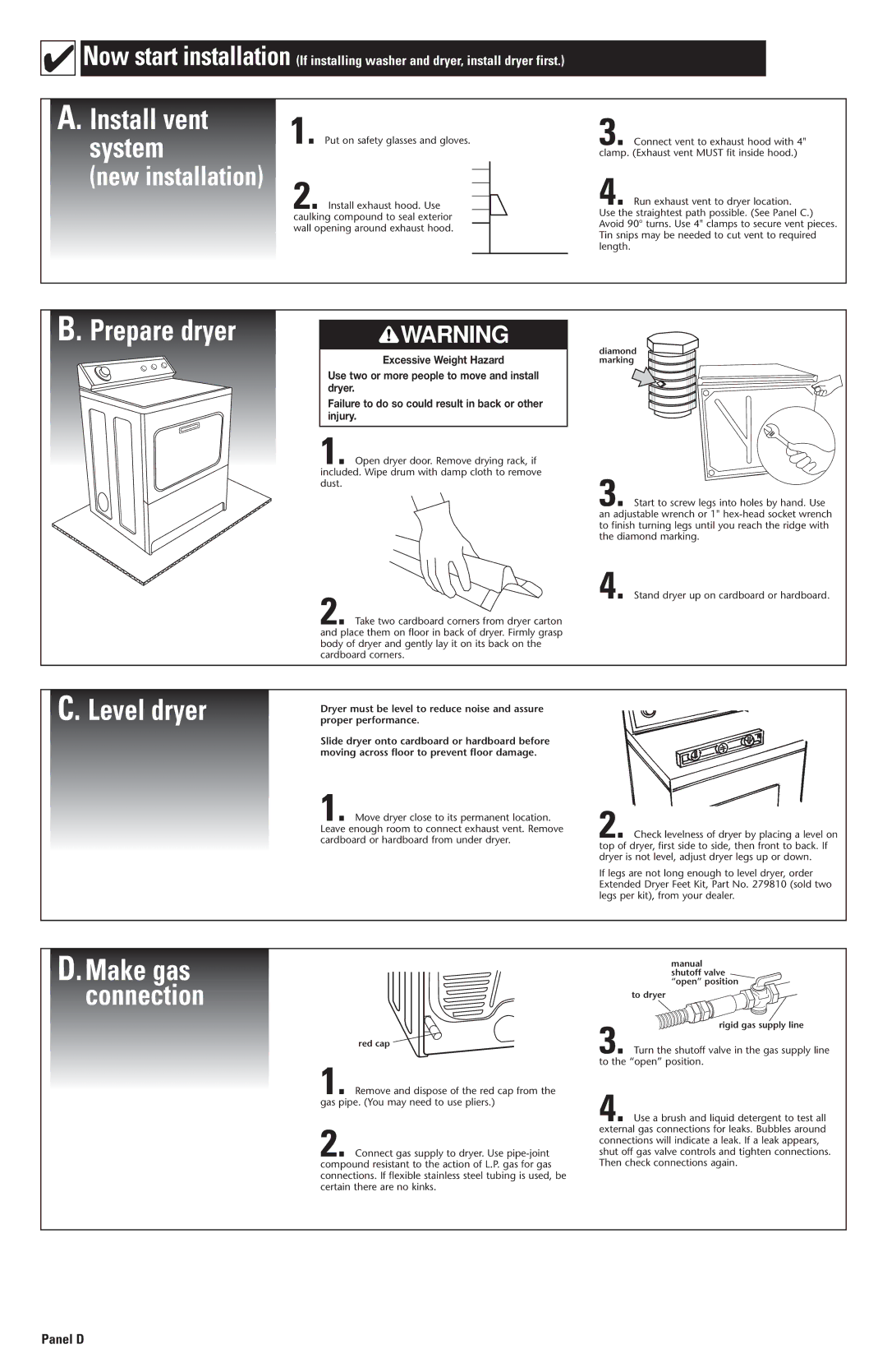 Whirlpool 3978909 Install vent System, Prepare dryer, Level dryer, Make gas Connection, New installation 