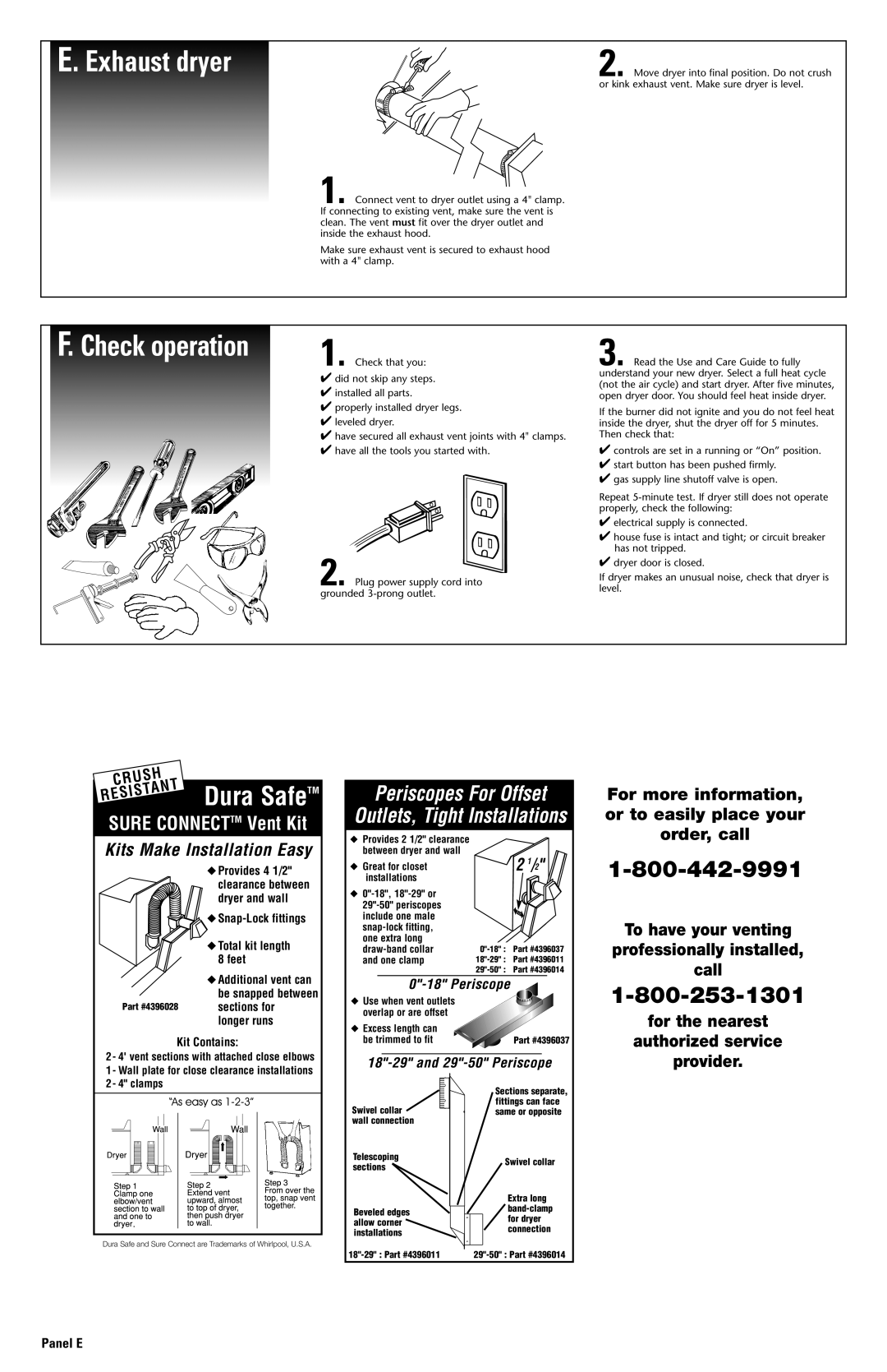 Whirlpool 3978909 Exhaust dryer, For more information, or to easily place your order, call, Panel E 