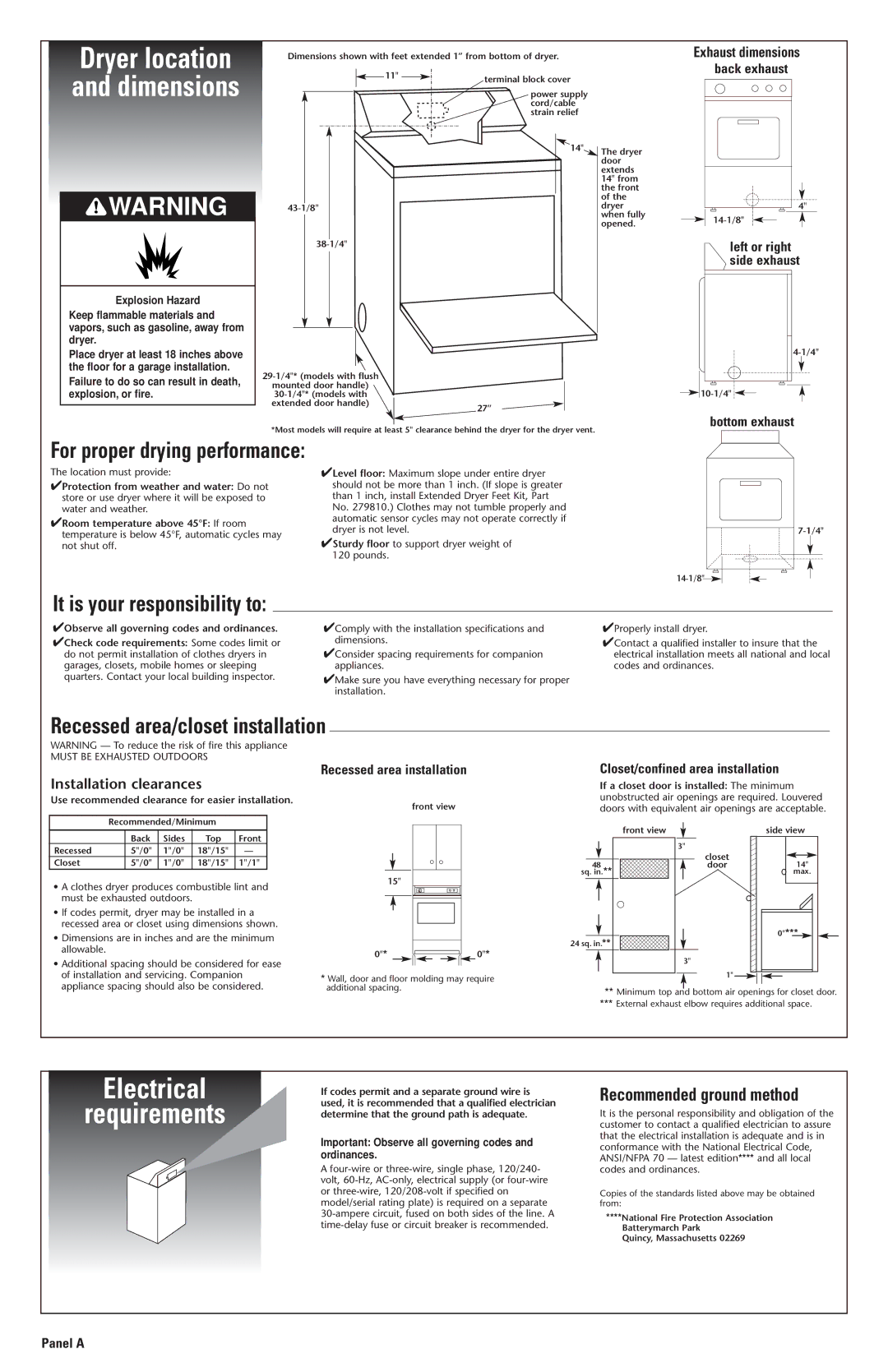 Whirlpool 3979171 Electrical Requirements, Dryer location, Recessed area/closet installation, Recommended ground method 