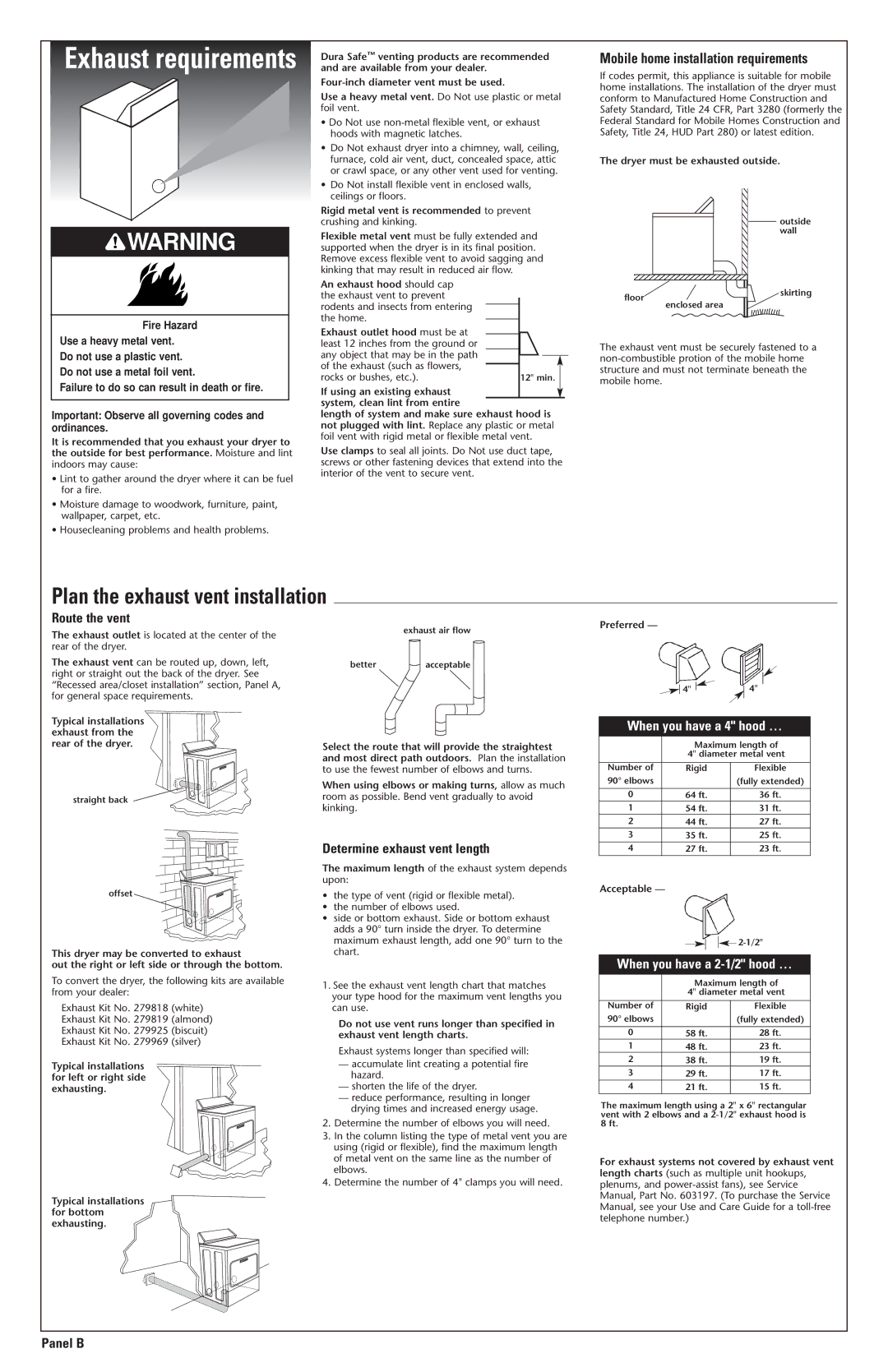 Whirlpool 3979171 Plan the exhaust vent installation, Mobile home installation requirements, Route the vent, Panel B 