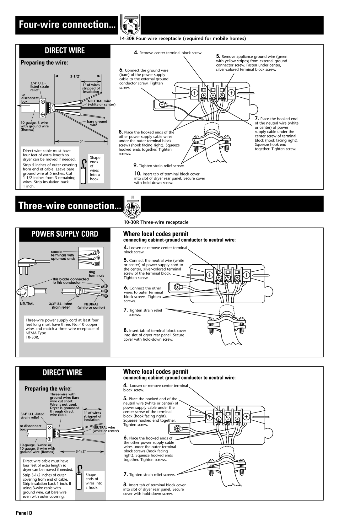 Whirlpool 3979171 Three-wire connection, Direct Wire, Where local codes permit, Preparing the wire 