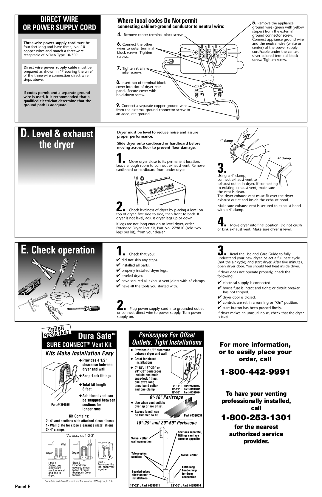 Whirlpool 3979171 Level & exhaust Dryer, Where local codes Do Not permit, Panel E, Snap-Lock fittings 