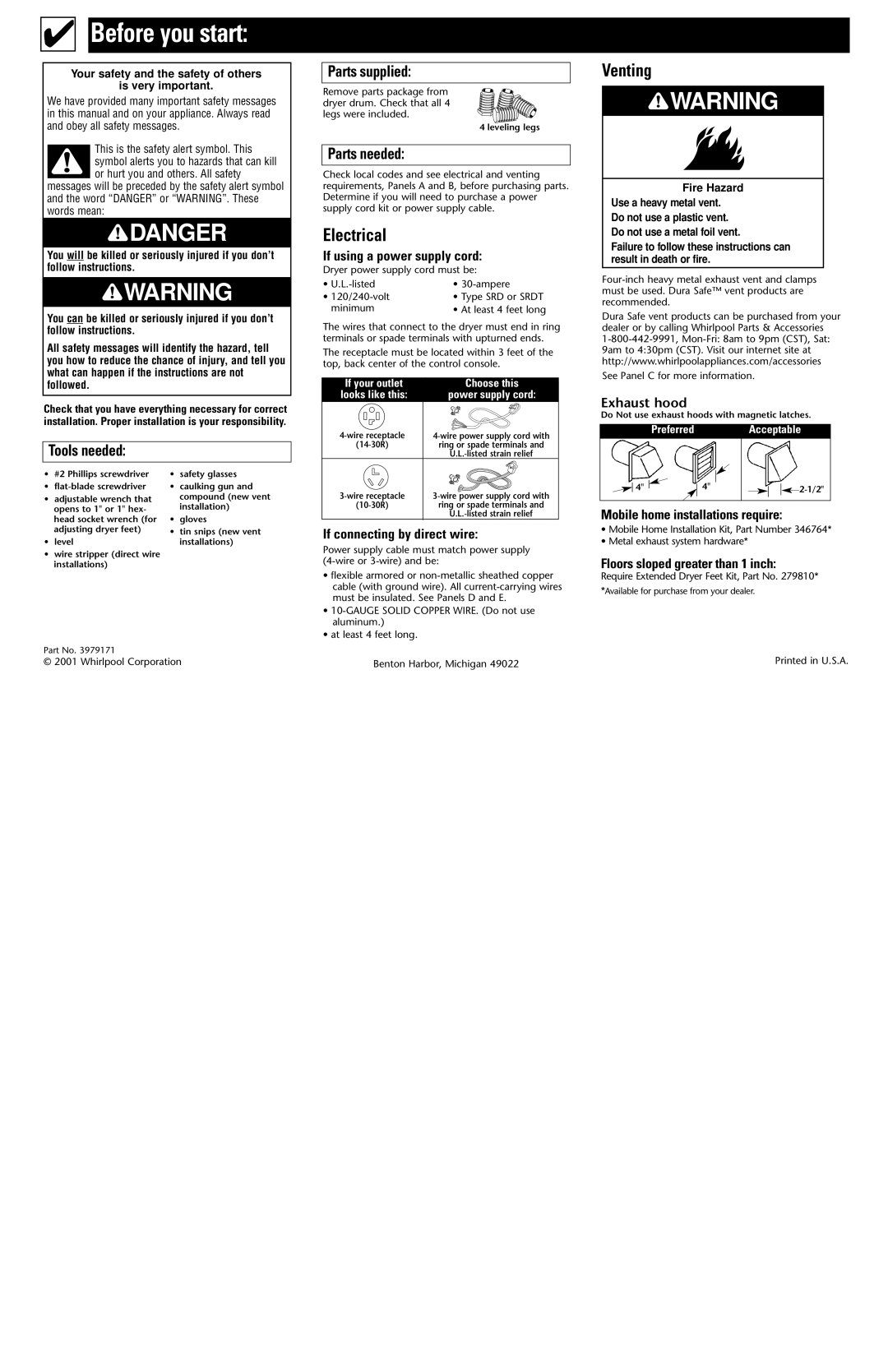 Whirlpool 3979171 Before you start, Electrical, Venting, Tools needed Parts supplied, Parts needed 