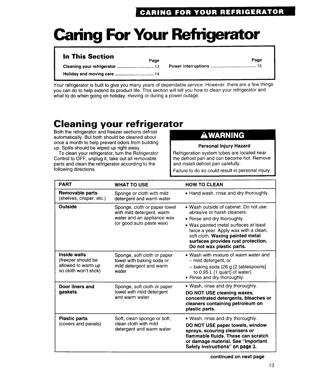 Whirlpool 6ED20PK, 3ED20PK warranty Caring For Your, Cleaning your refrigerator, Part, What to USE, HOW to Clean 