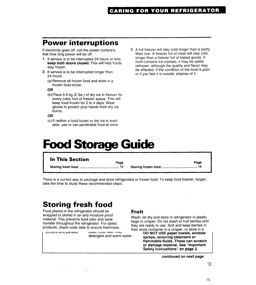 Whirlpool 6ED20PK, 3ED20PK warranty Storage Guide, Power interruptions, Storing fresh food 