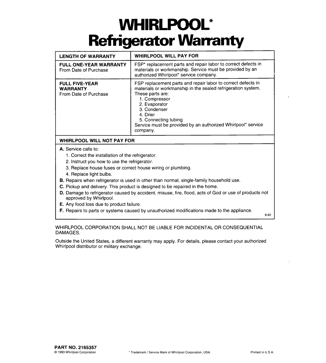 Whirlpool 3ED20PK, 6ED20PK warranty WHIRLPOOl Refrigerator Warranty 