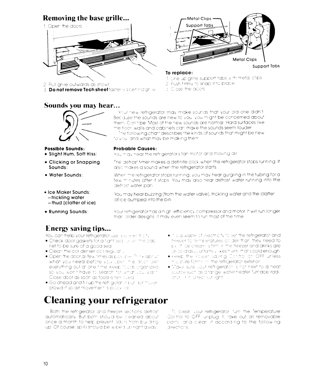 Whirlpool 3ED26MM manual Removing the base grille, Sounds you may hear, Do not remove Tech sheet fusnr ‘ er~c gr ,t 