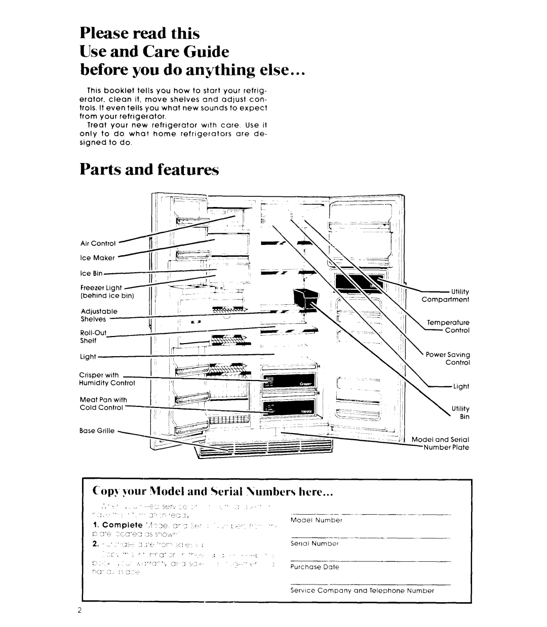 Whirlpool 3ED26MM manual Before you do anything else, Parts and features, Copy your Model and Serial Numbers here 