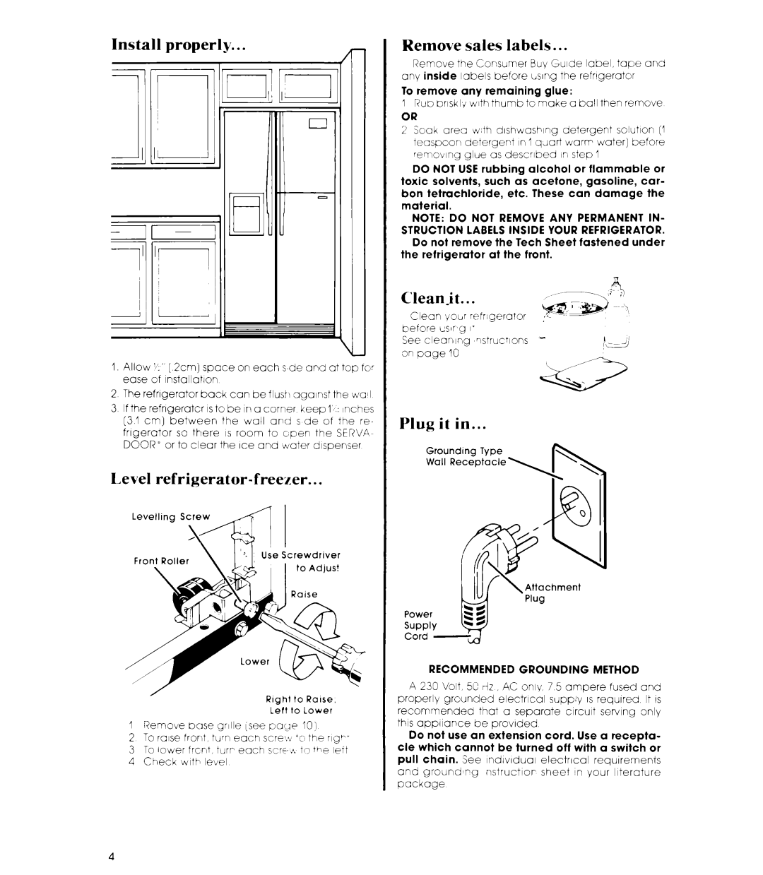 Whirlpool 3ED26MM manual Install Properly Remove Sales labels, Level refrigerator-freezer, Clean-it, Plug it 