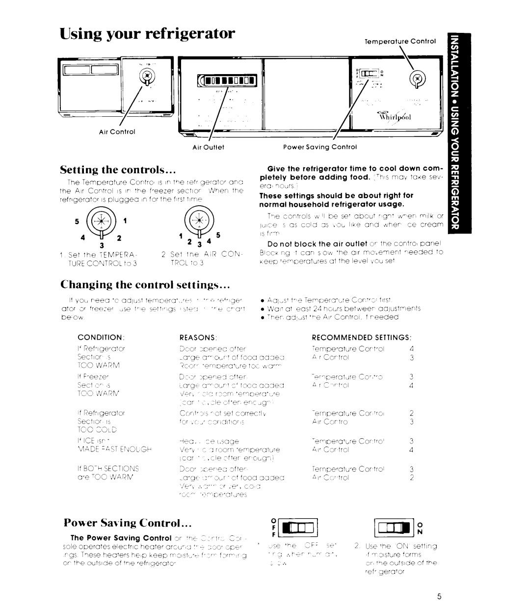 Whirlpool 3ED26MM manual Using your refrigerator, Setting, controls, Changing the control settings, Power Saying Control 