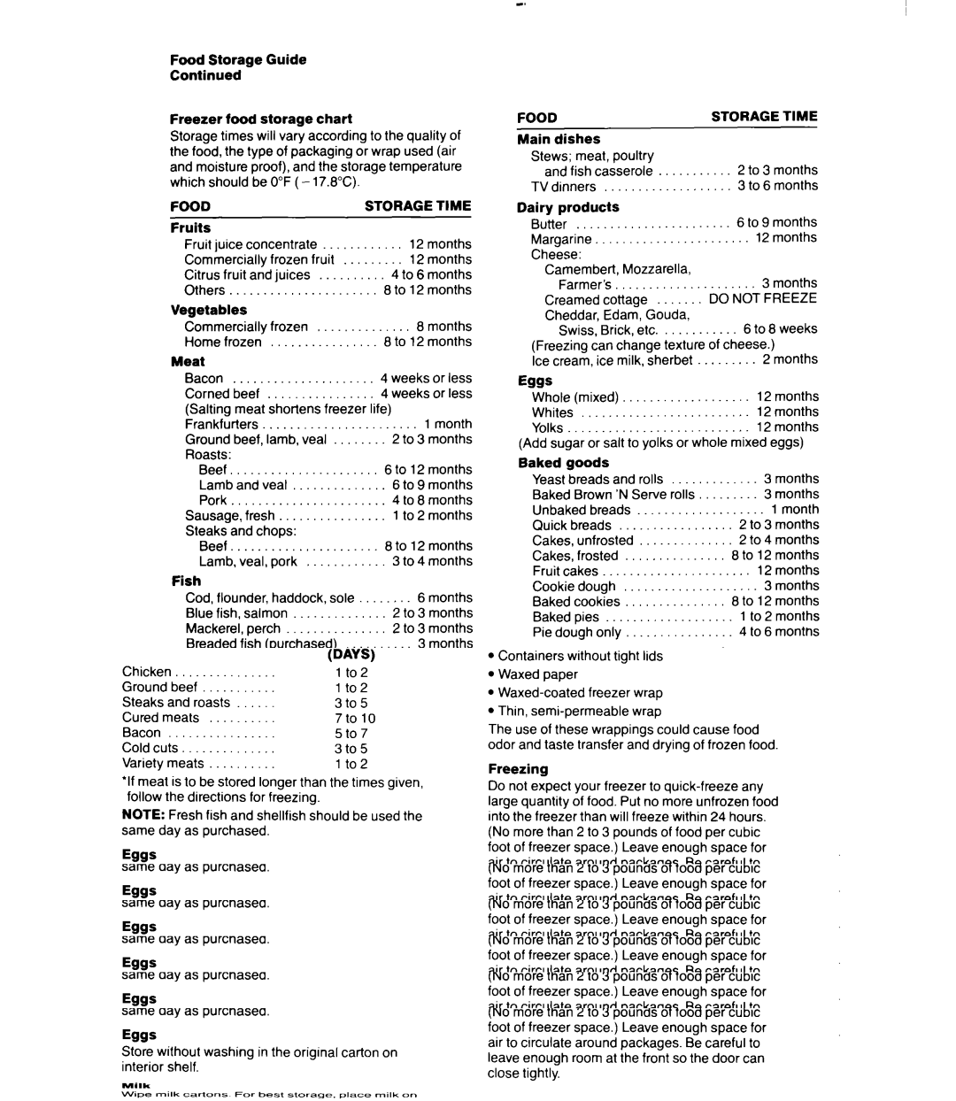 Whirlpool 3Ell8GK manual Food, Storage Time 