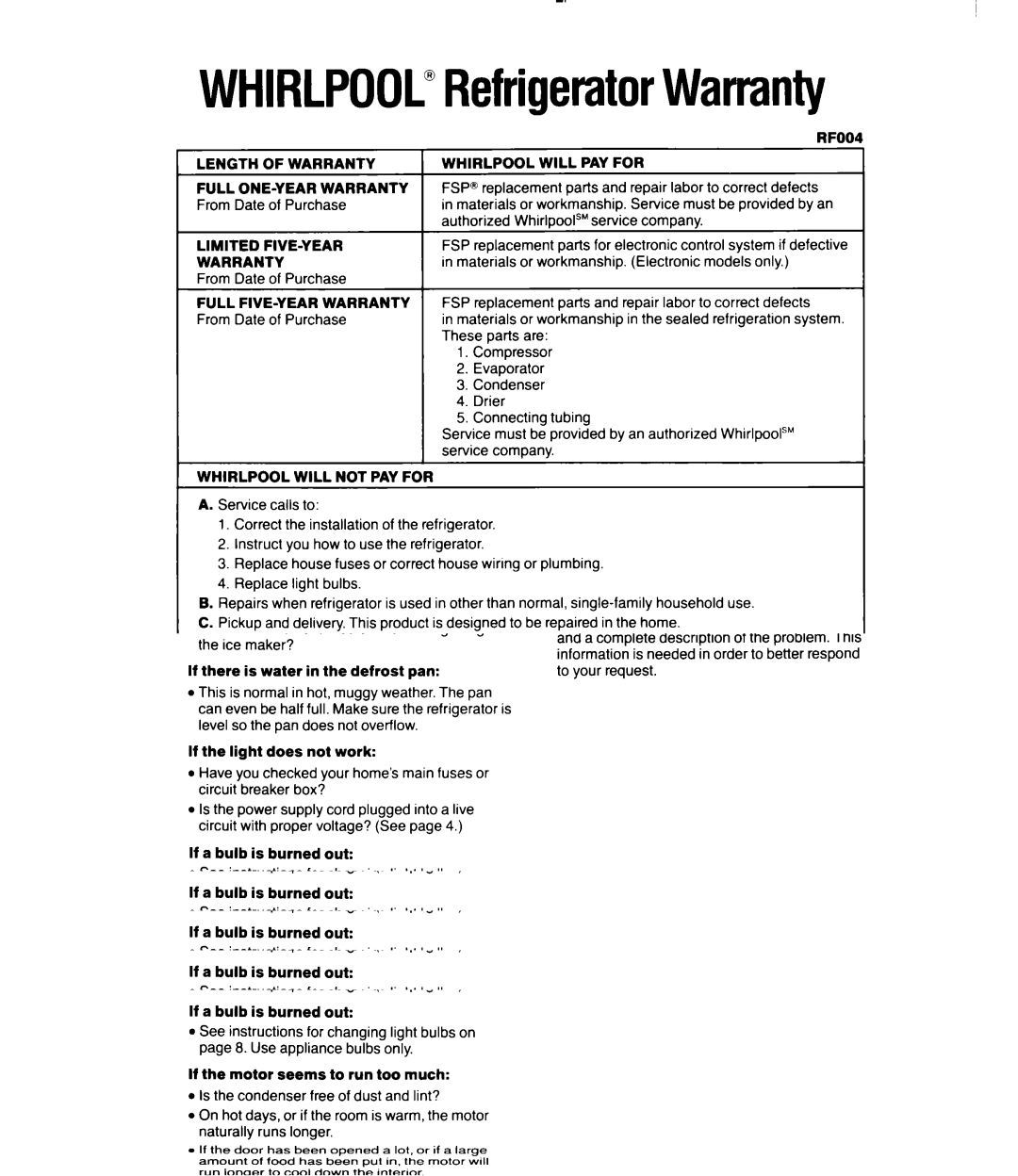 Whirlpool 3Ell8GK manual Length of Warranty, Whirlpool will PAY for, Limited FIVE-YEAR, Full FIVE-YEAR Warranty 