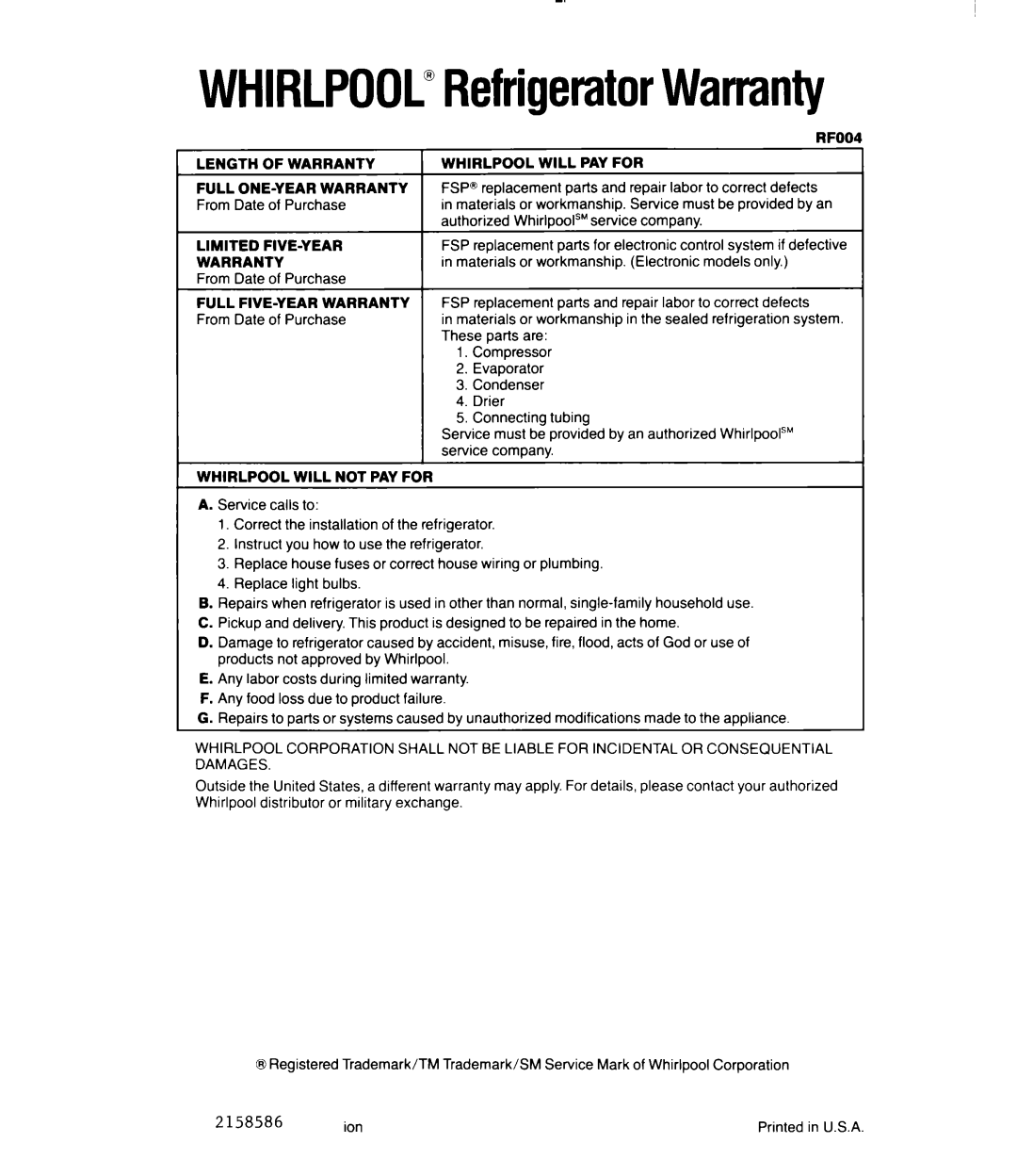 Whirlpool 3Ell8GK manual WHIRLPOOL”RefrigeratorWarranty 