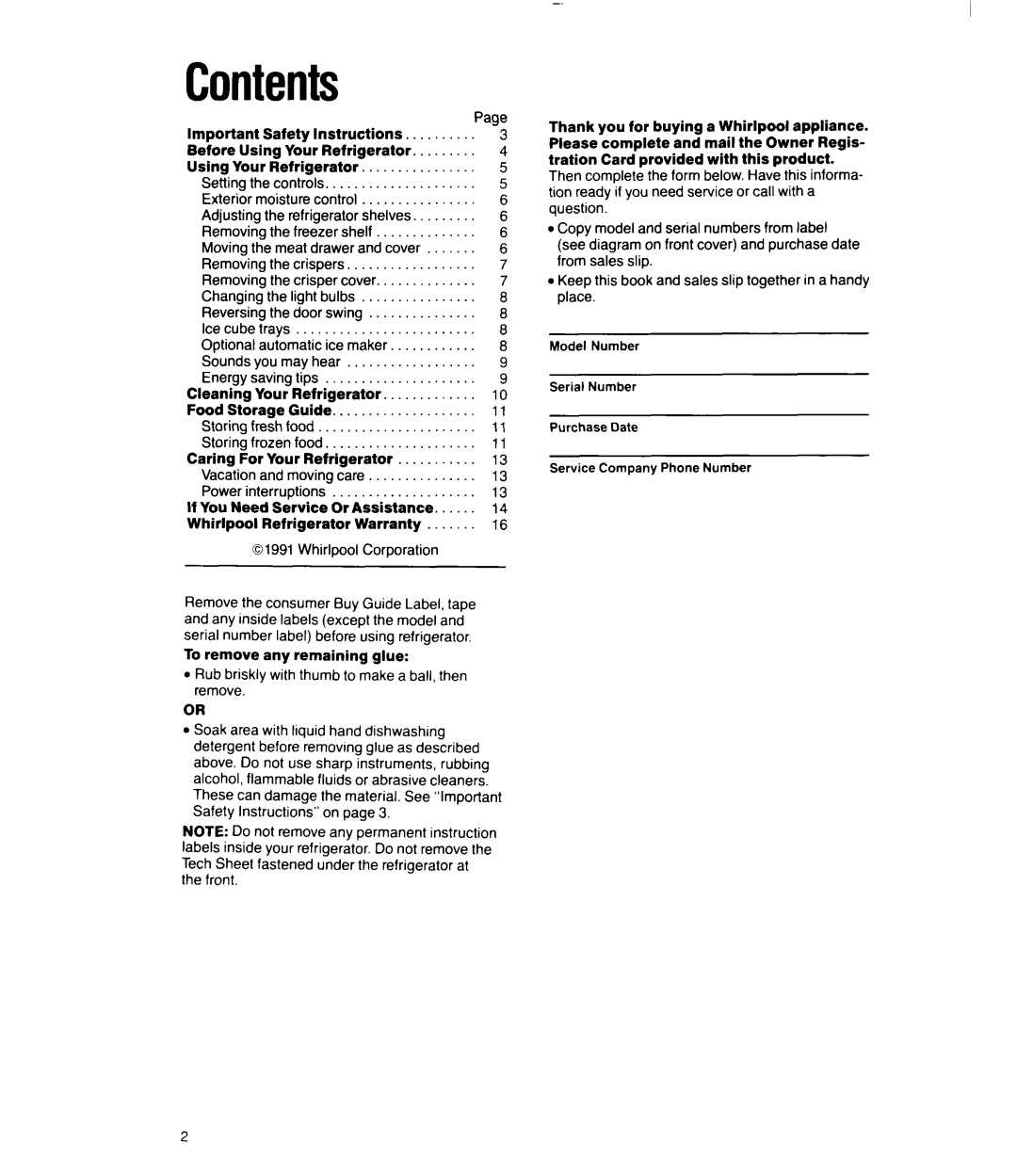 Whirlpool 3Ell8GK manual Contents 
