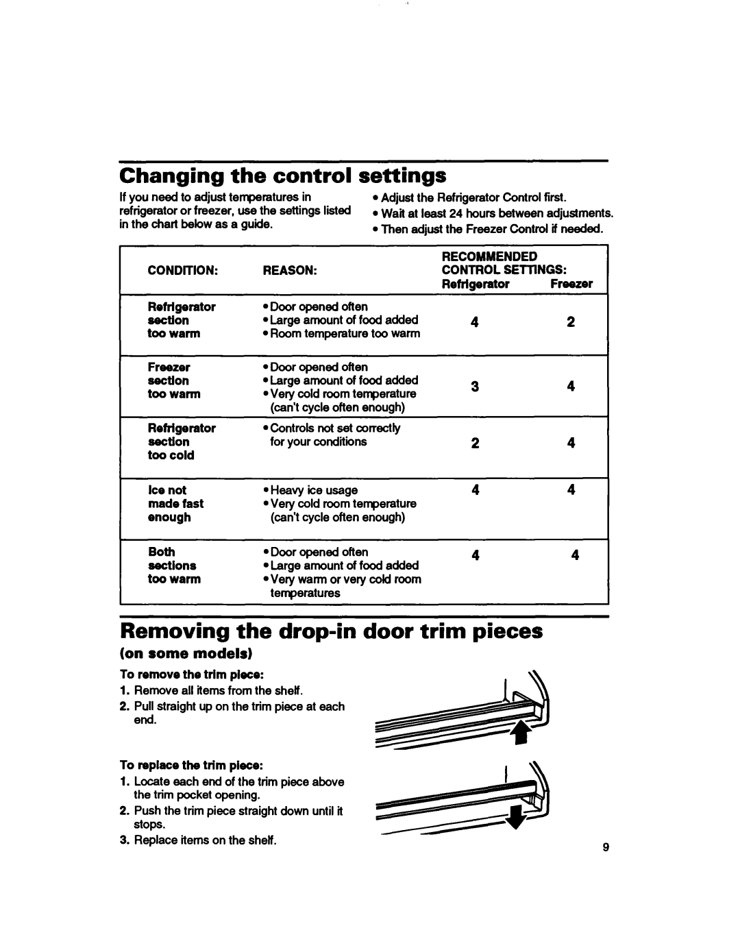 Whirlpool 3ET16NKXDG00 manual Changing the control, Settings, Removing the drop-in door trim pieces, On some models, Reason 